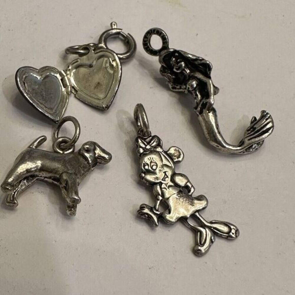 (4) Vintage Disney Sterling Minnie Mouse Little Mermaid Bracket Charms Locker